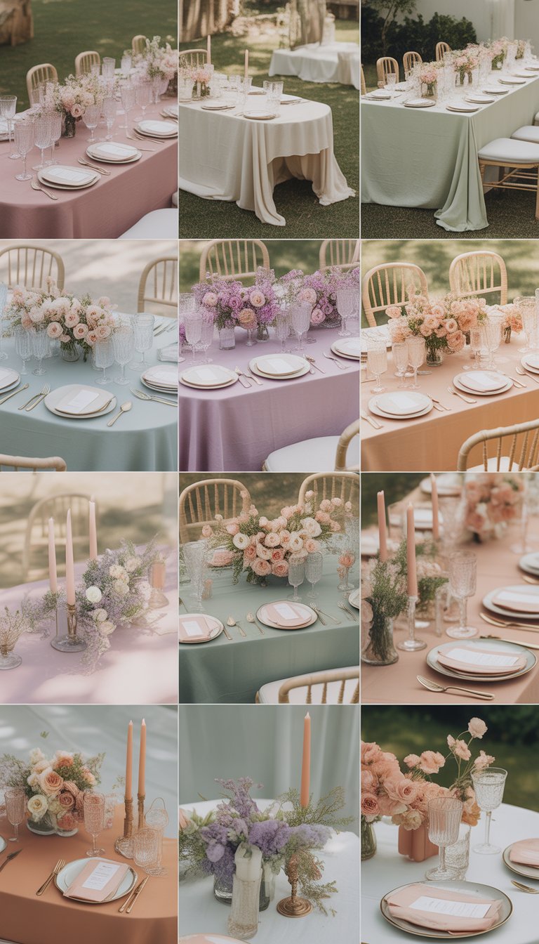 Tables set for a wedding dinner party with pastel-colored linen tablecloths, floral centerpieces, candles, and elegant tableware.